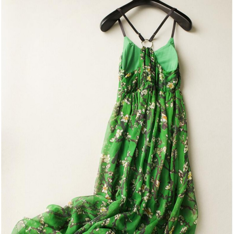 Women 100 Silk dress Beach dress 100% Natural Silk Green Printed dress Holiday summer dresses